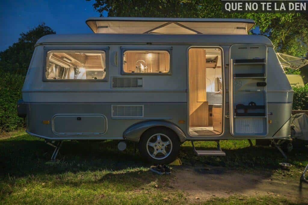 white and brown camper trailer beside tree