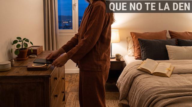 Persona dejando el móvil lejos de la cama durante la noche